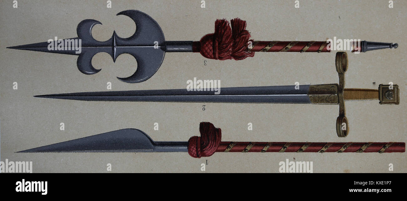 Medieval times. 13th14th century. Weapons. 1 Spear. 2. Sword. 3. Halberd. Crown of Castile