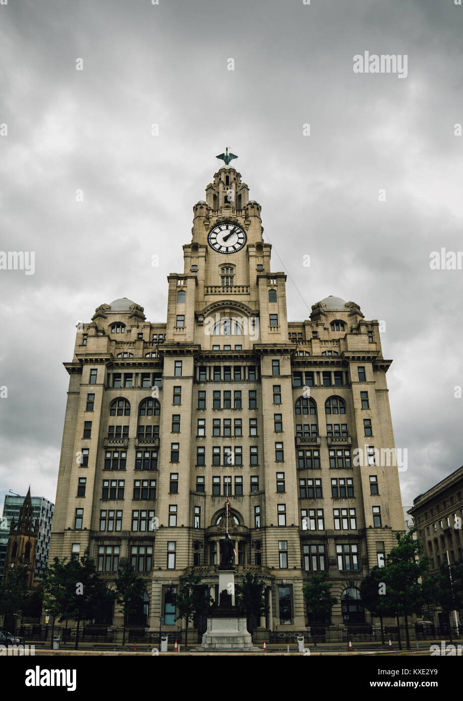Liver Building in Liverpool, England UK. The Royal Liver Building is famous Liverpool landmark located at Pier Head. One of Liverpool's Three Graces. Stock Photo