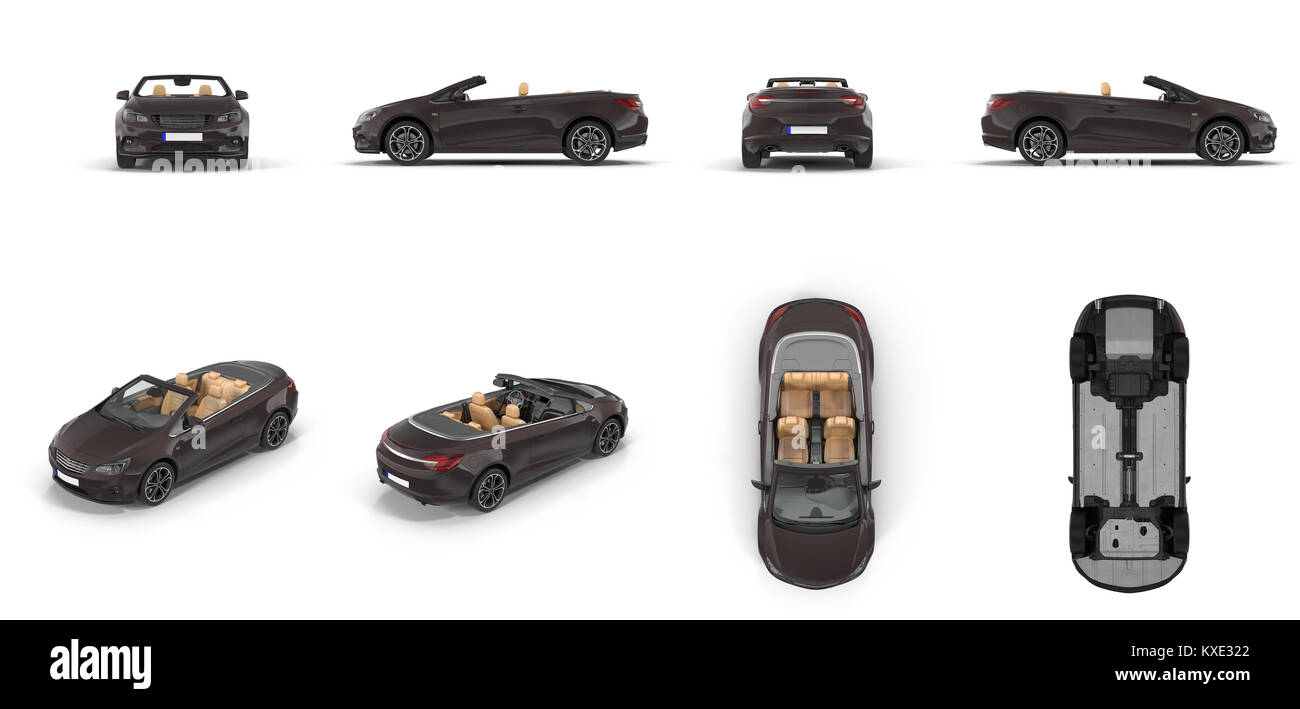 Convertible sports car renders set from different angles on a white. 3D