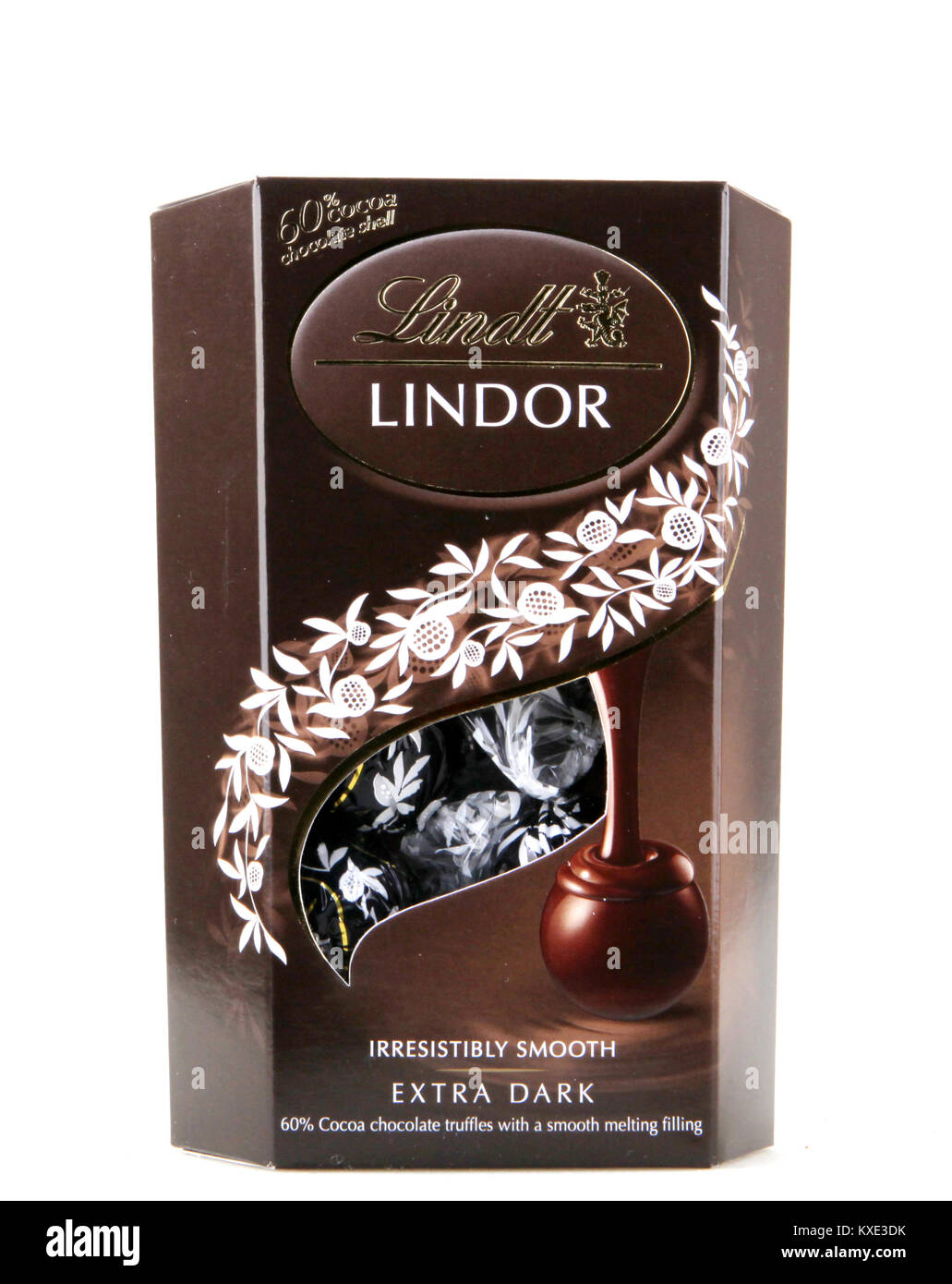 Pomorie, Bulgaria - January 09, 2018: A box of Lindt Lindor chocolate truffles. Chocoladefabriken Lindt & Sprüngli AG is a Swiss chocolatier and confe Stock Photo