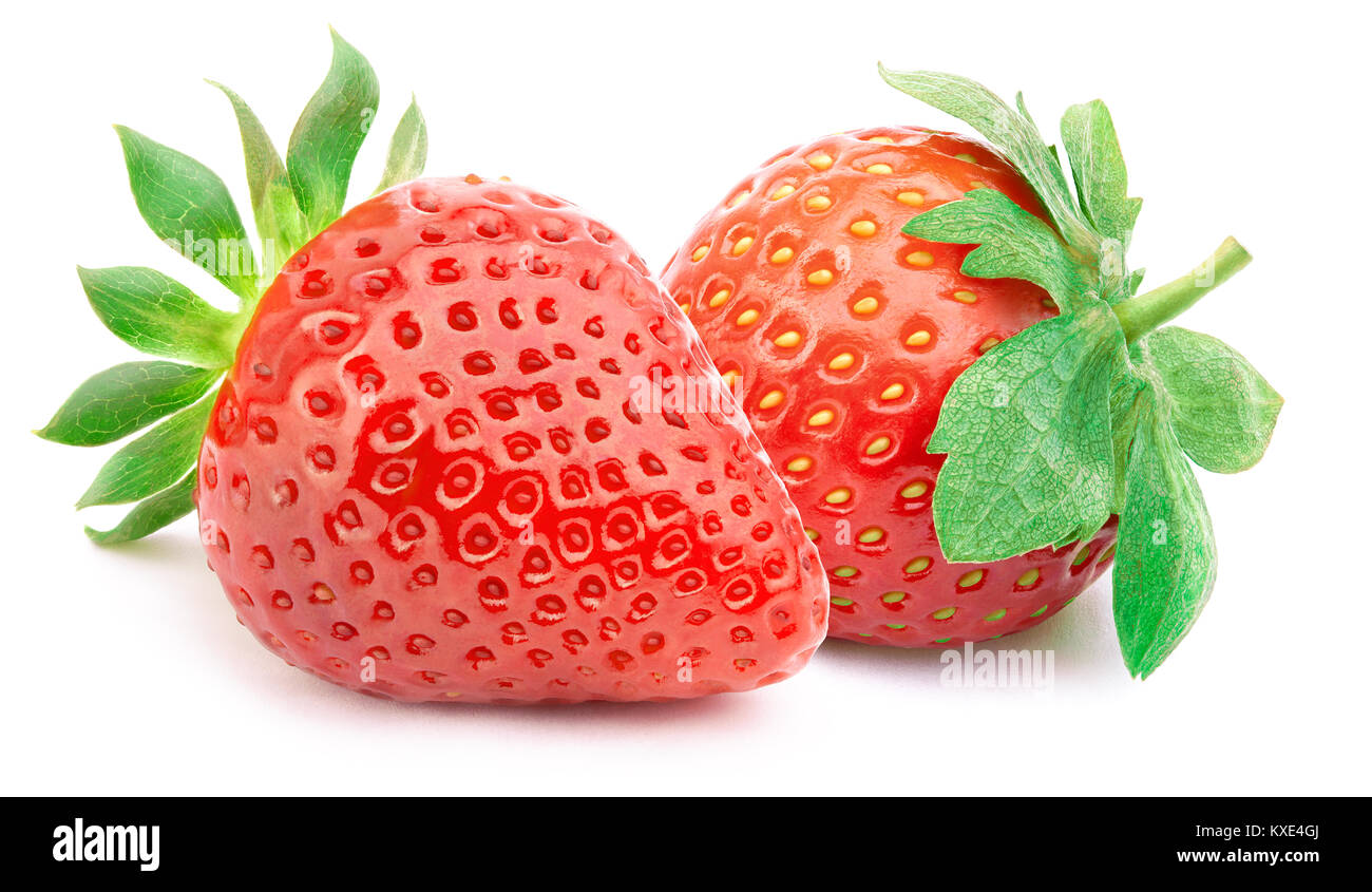 Two strawberries with leaves isolated Stock Photo - Alamy