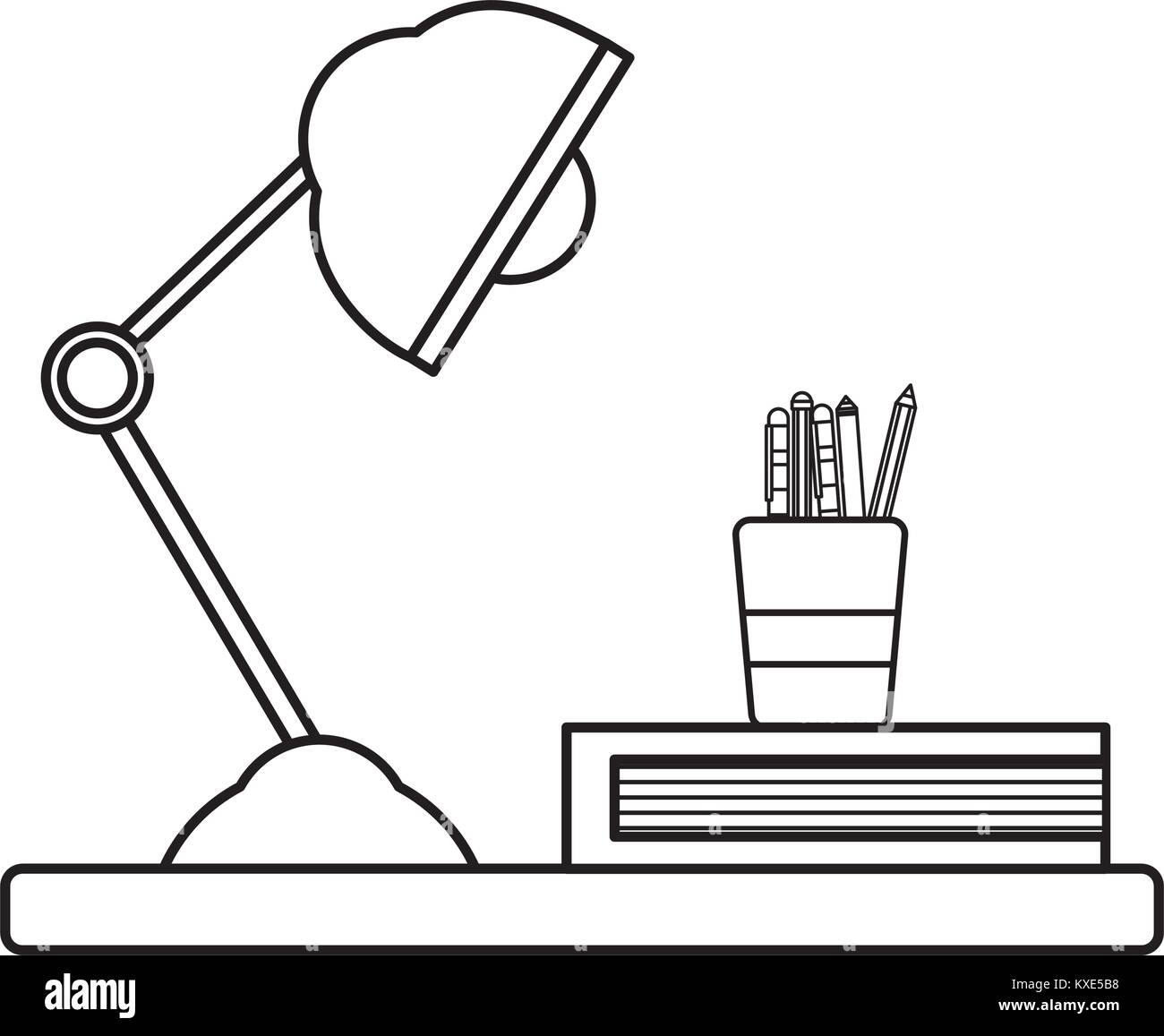line wood shelf with desk lamp and office utensils Stock Vector