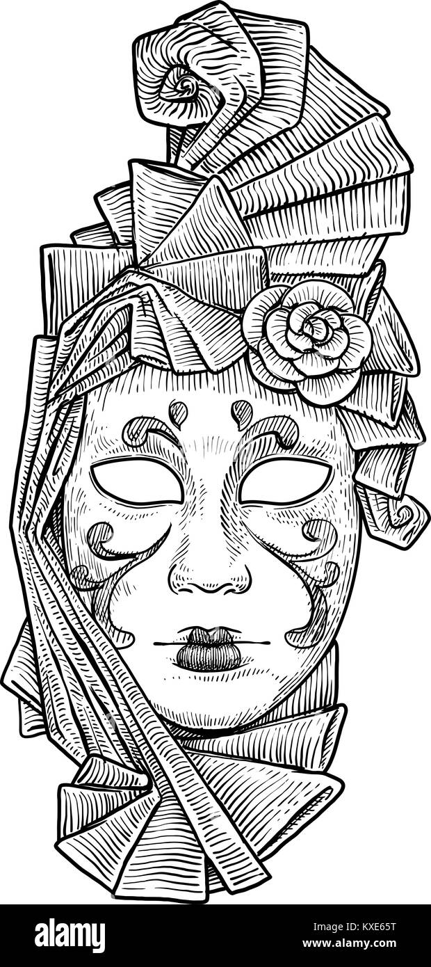 Venetian mask illustration, drawing, engraving, ink, line art, vector Stock Vector