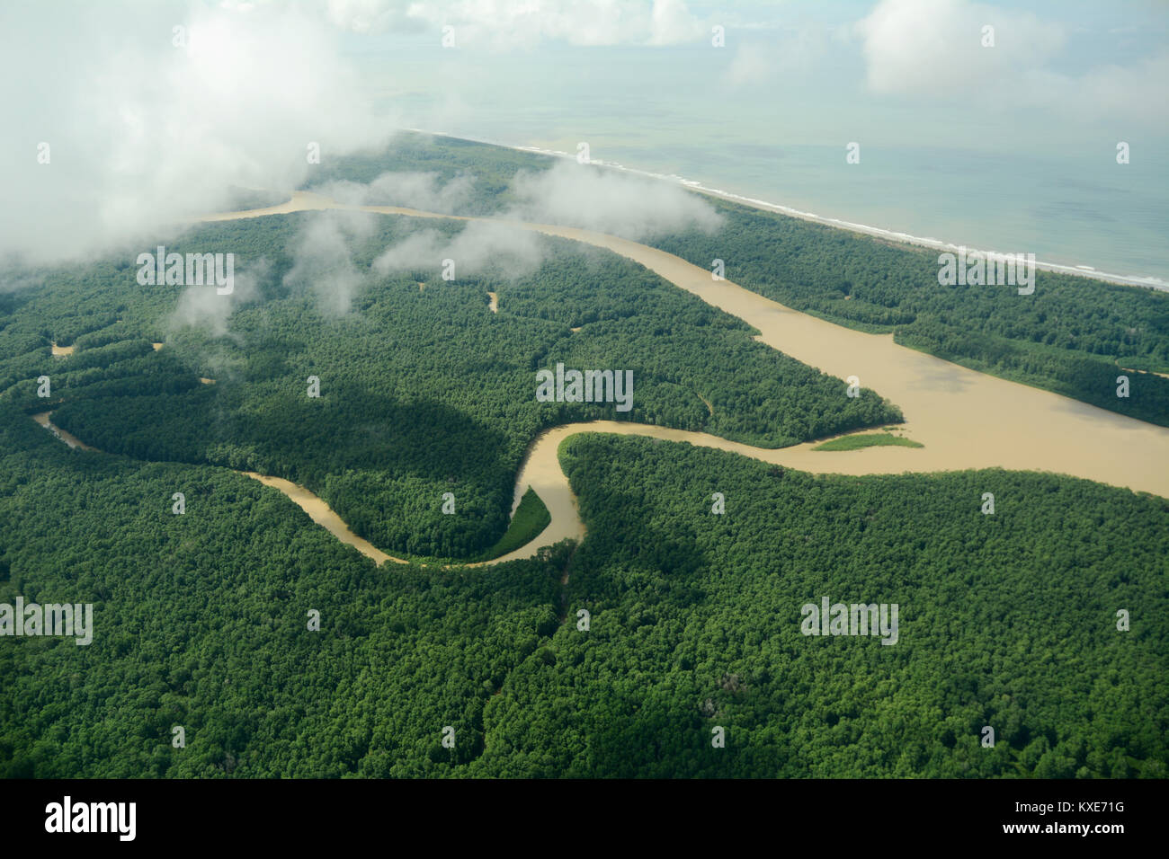 An aerial view of the Terraba River basin, in the southern Brunca region of Costa Rica, on the Pacific Coast. It is the country's largest river. Stock Photo