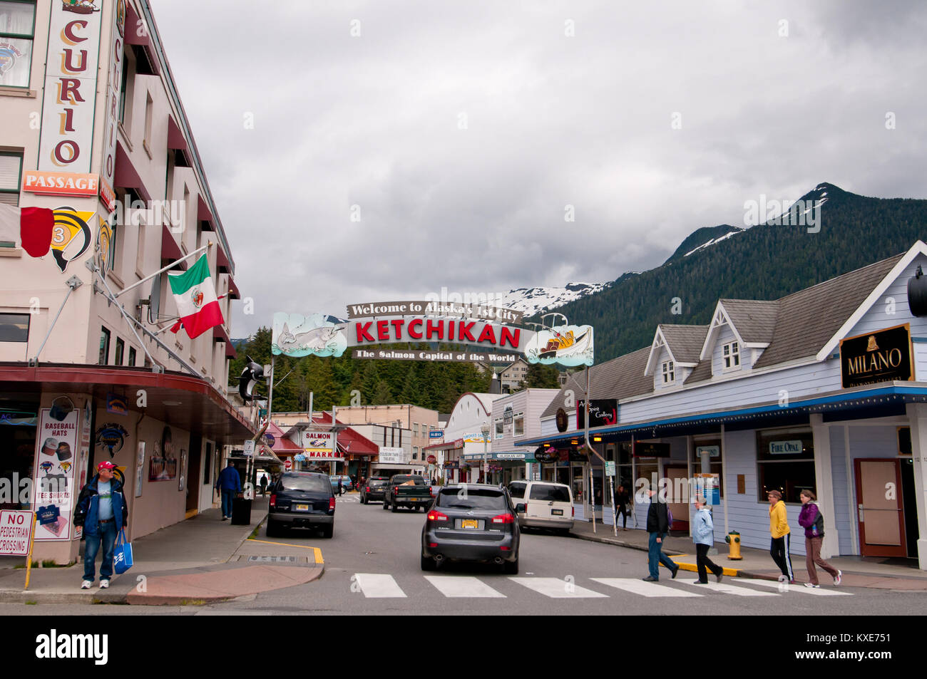Street view of Ketchikan town, Alaska during summer Stock Photo - Alamy