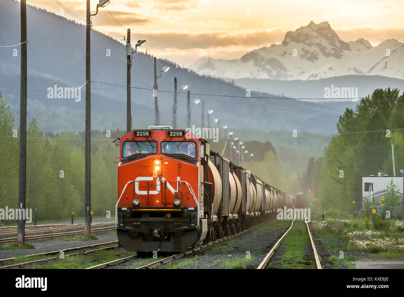 CNR grain train led by loco 2256 eastbound approaches Smithers BC 20100528 015 Stock Photo
