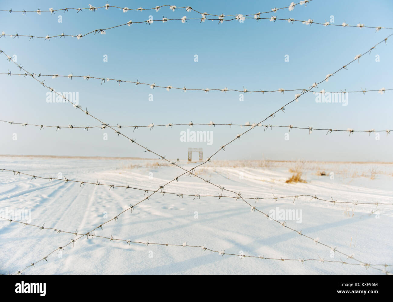Barbed wire on a background of snow-covered landscape in sunny winter ...