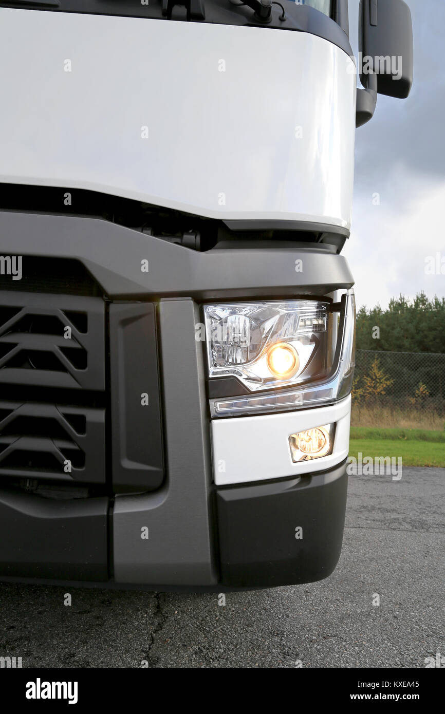 LIETO, FINLAND - OCTOBER 4, 2014: Renault T480 truck tractor with dipped beam lights and cornering lights on. Renault Trucks T is awarded the Internat Stock Photo