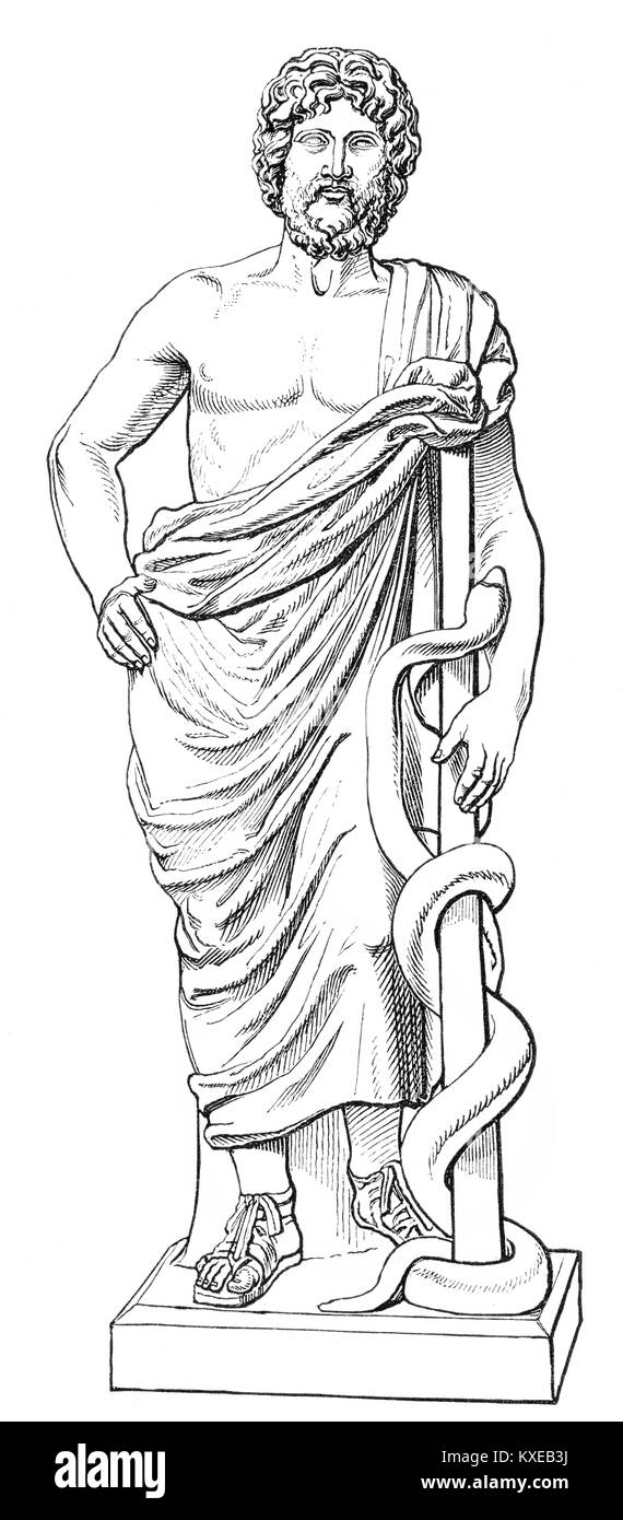 Statue of Asclepius with his serpent-entwined staff Stock Photo