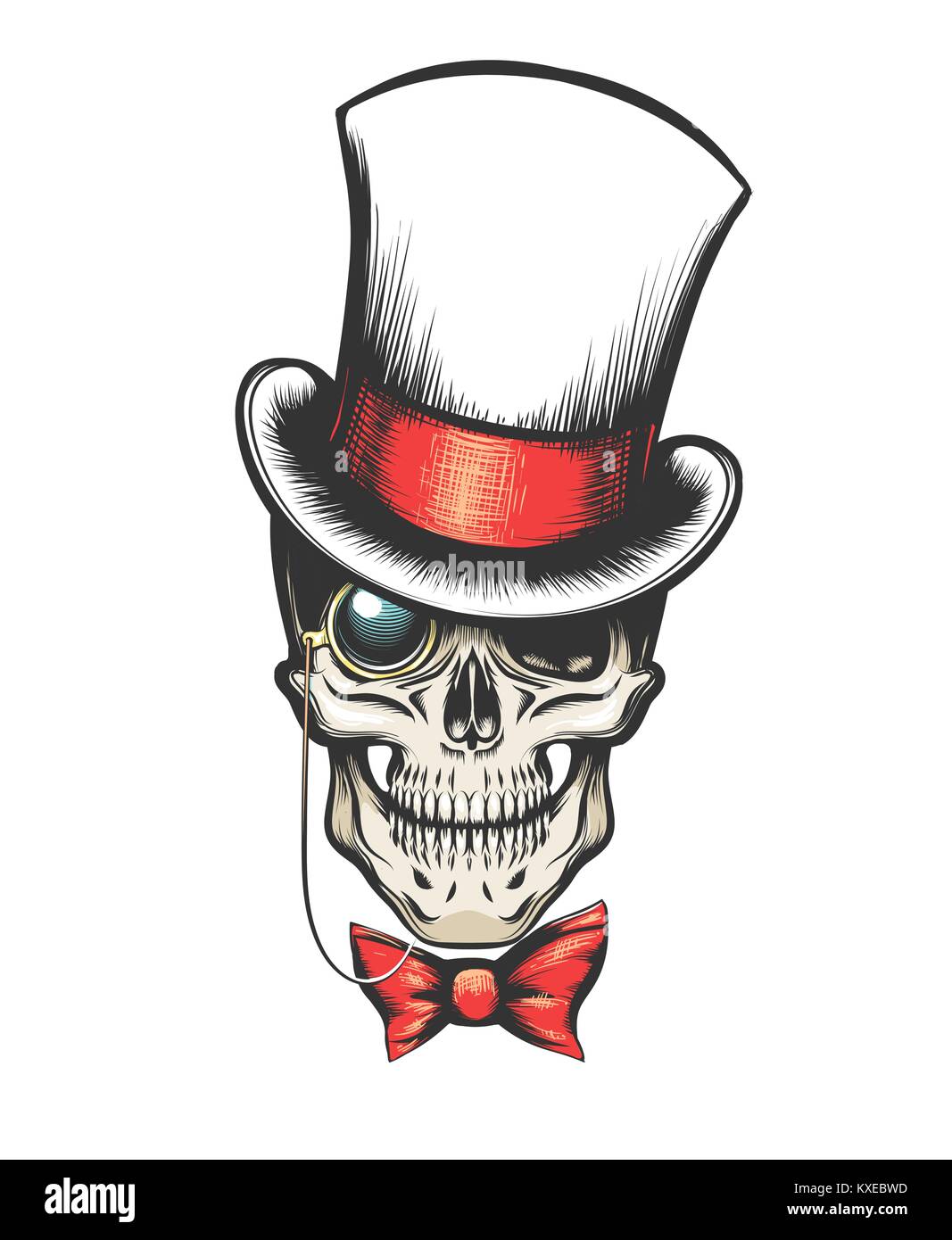 Skull in cylinder hat with monocle and bow tie. vector illustration in tattoo style. Stock Vector