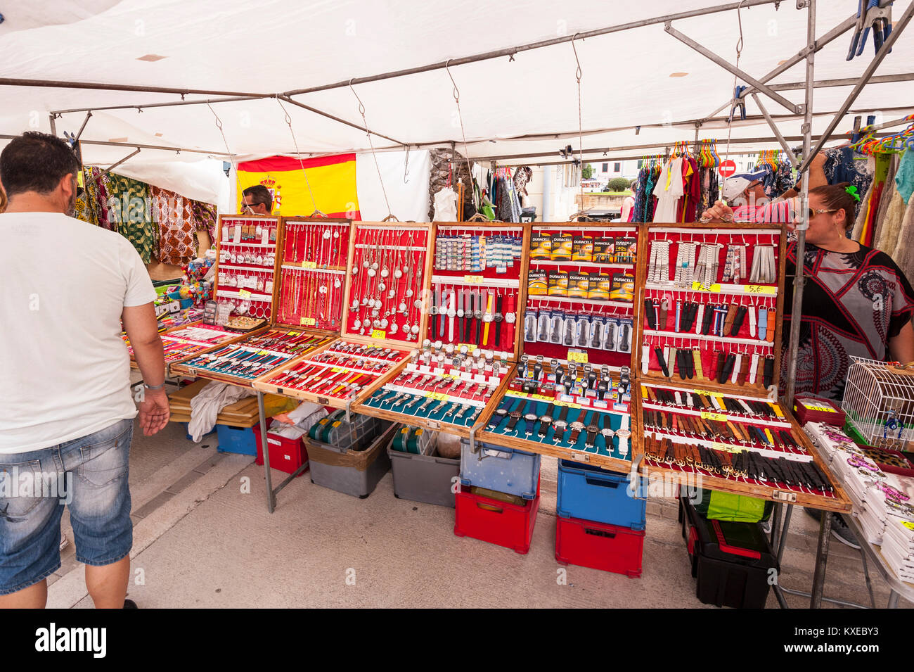 Watches and jewellery for sale at the street market in Mahon , Menorca , Balearic Islands , Spain Stock Photo