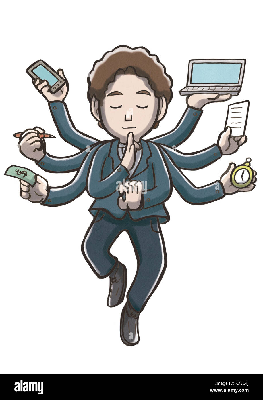 Multitasking man with multiple arms meditating and floating Stock Photo ...
