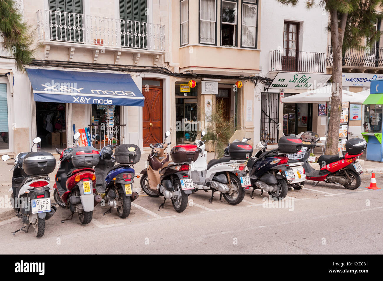 Mopeds in Mahon , Menorca , Balearic Islands , Spain Stock Photo