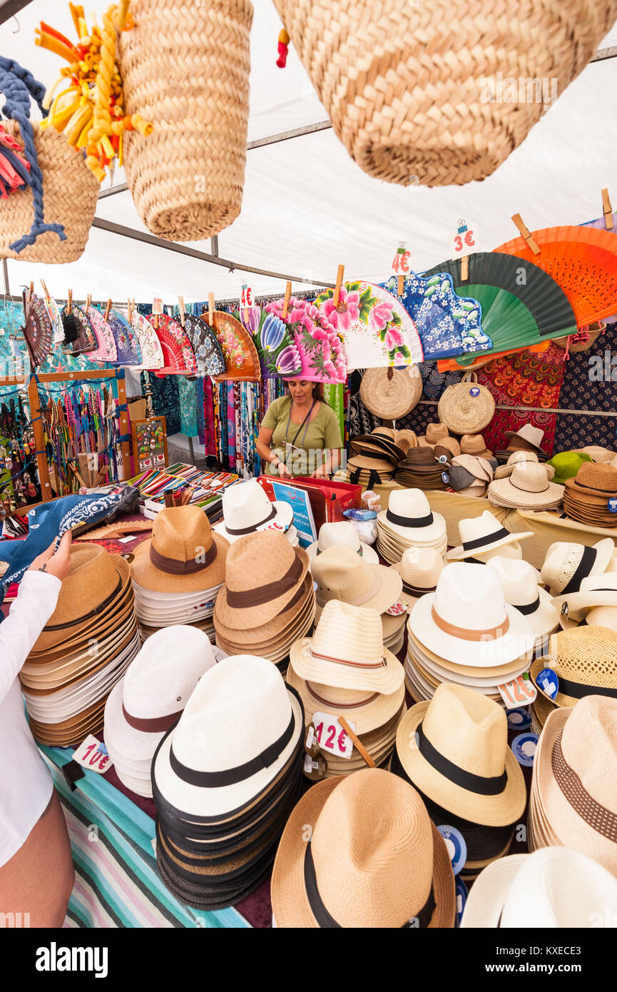 Hats for sale at the street market in Mahon , Menorca , Balearic Islands , Spain Stock Photo