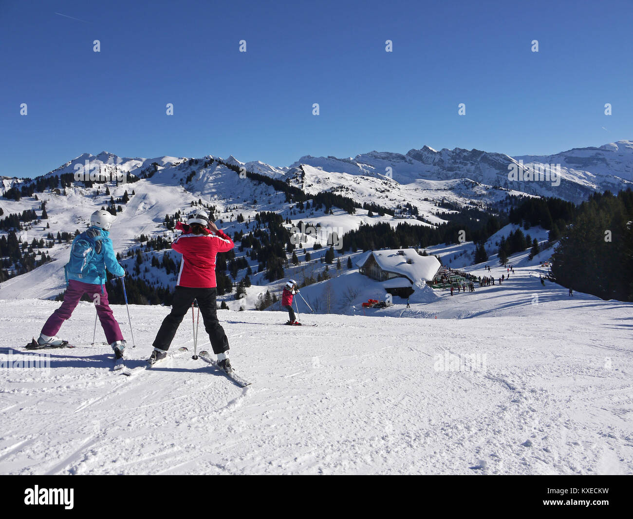 Above the Mouflon Restaurant in the ski and snowboard resort of Les Gets, France Stock Photo