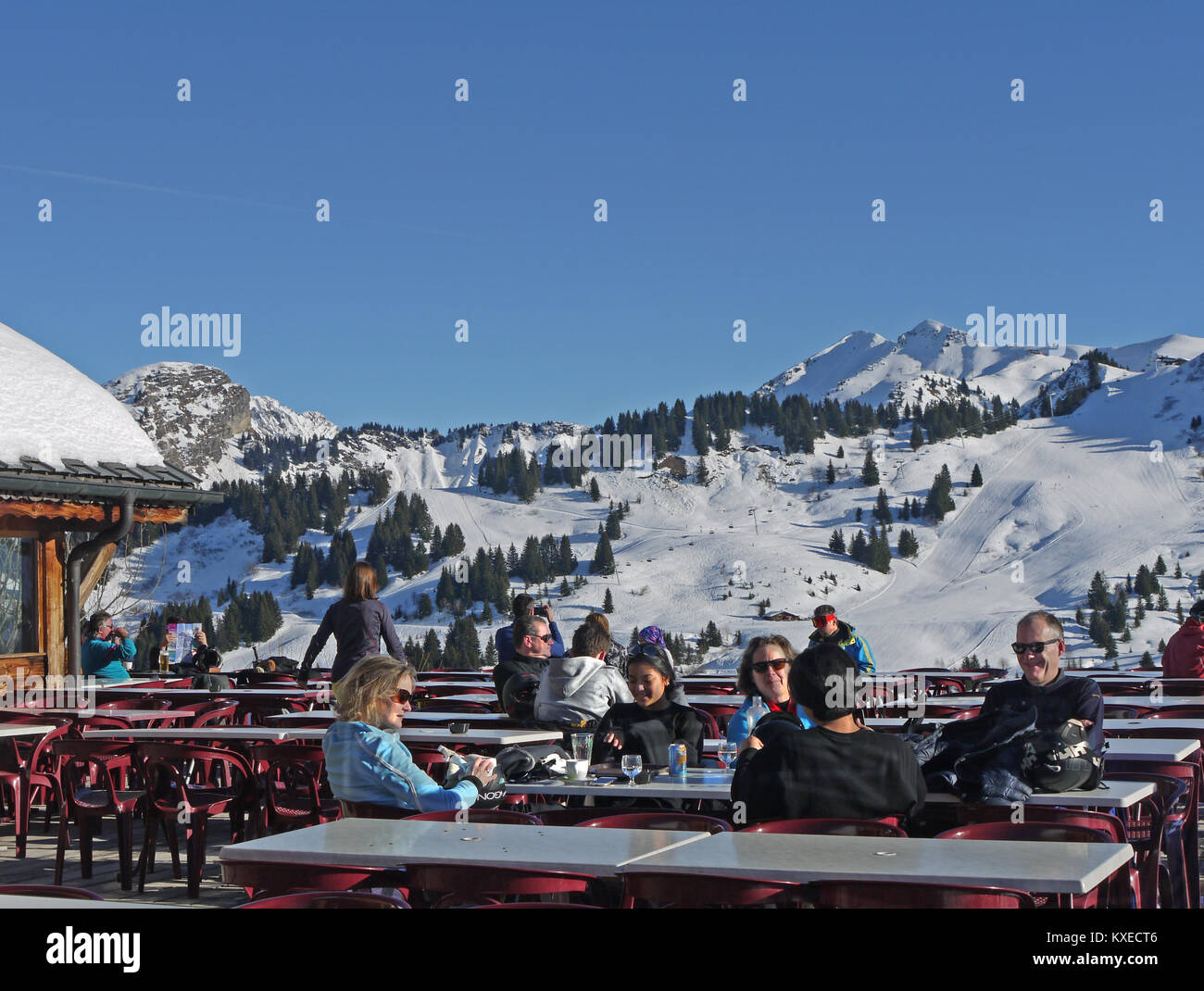 Mouflon Restaurant on the slopes at the ski and snowboard winter resort of Les Gets, France Stock Photo