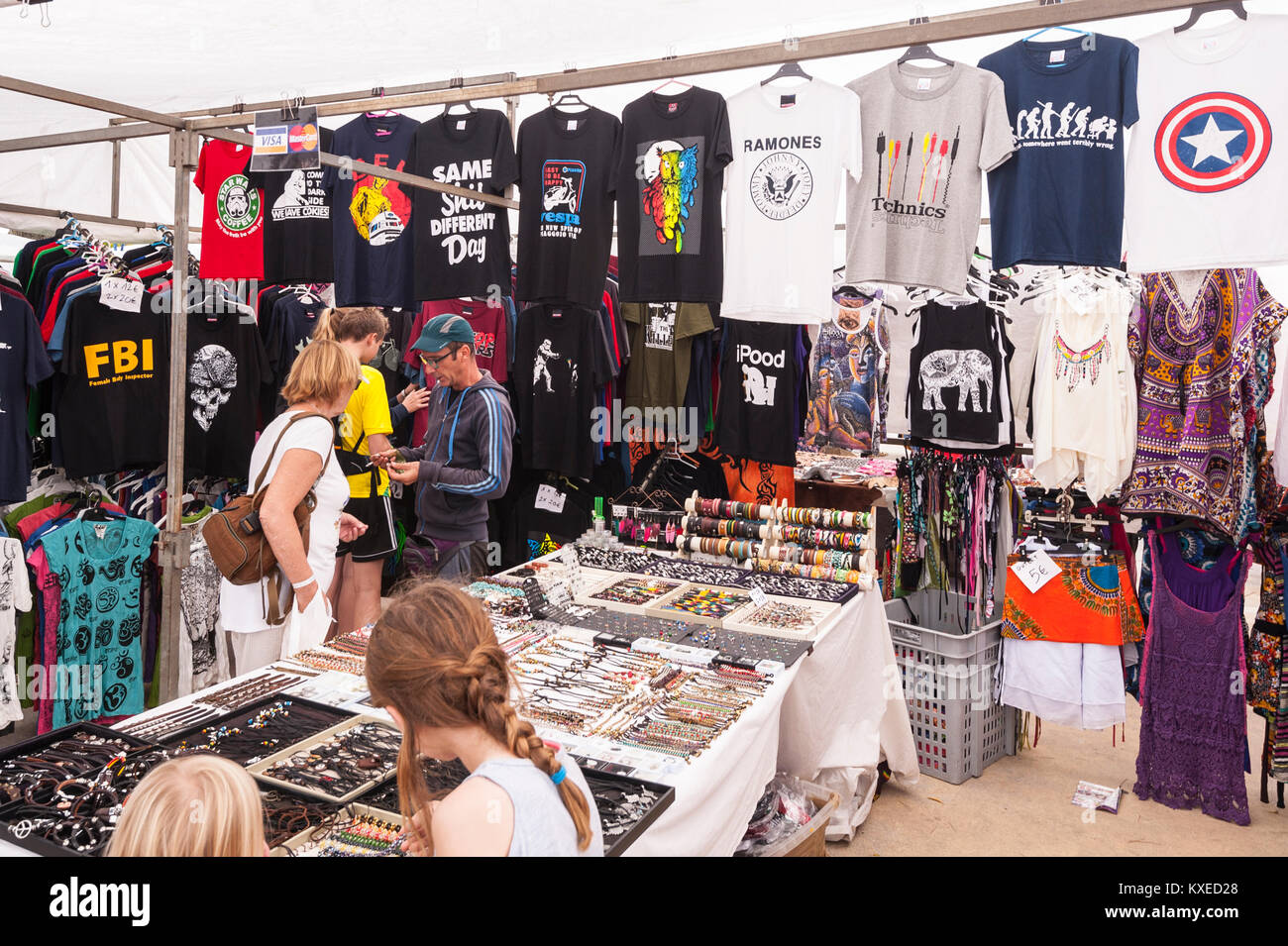 T shirts and jewellery for sale at the street market in Mahon , Menorca ,  Balearic Islands , Spain Stock Photo - Alamy