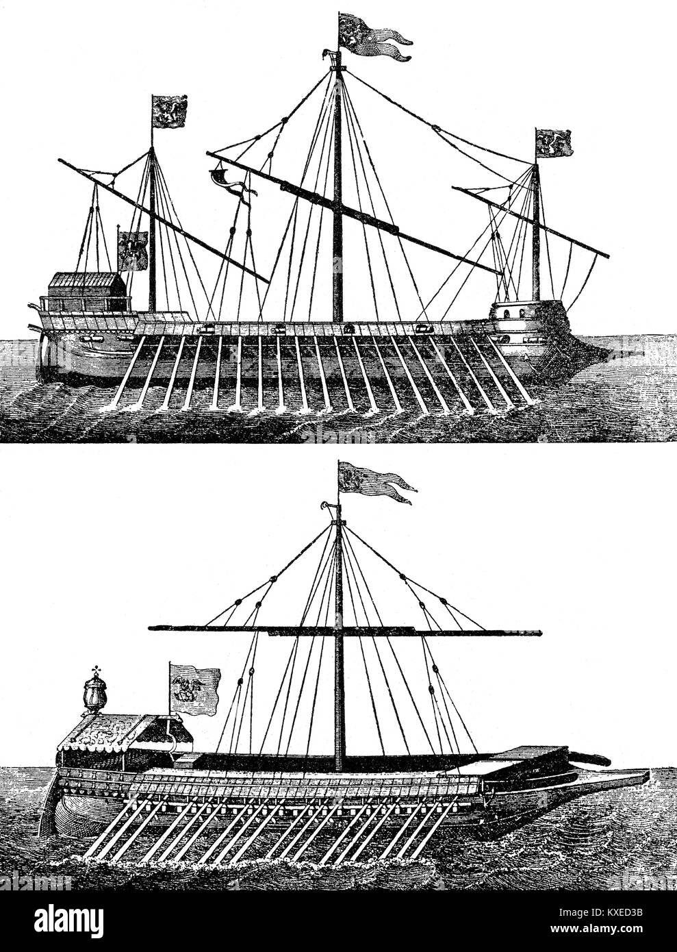 Venetian galleys used at the Battle of Lepanto, 16th century Stock Photo