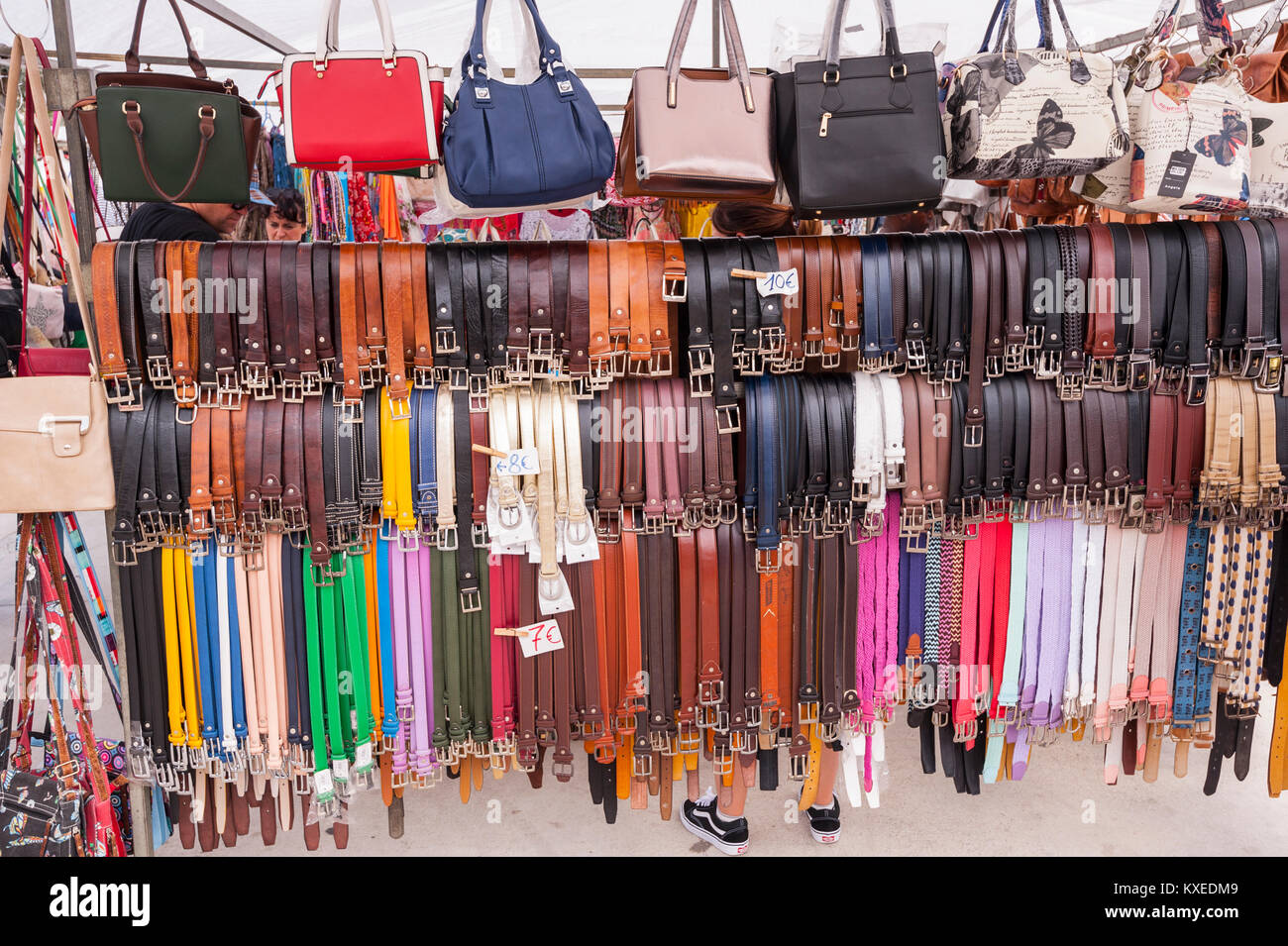 belts for sale at the street market in mahon menorca balearic islands KXEDM9