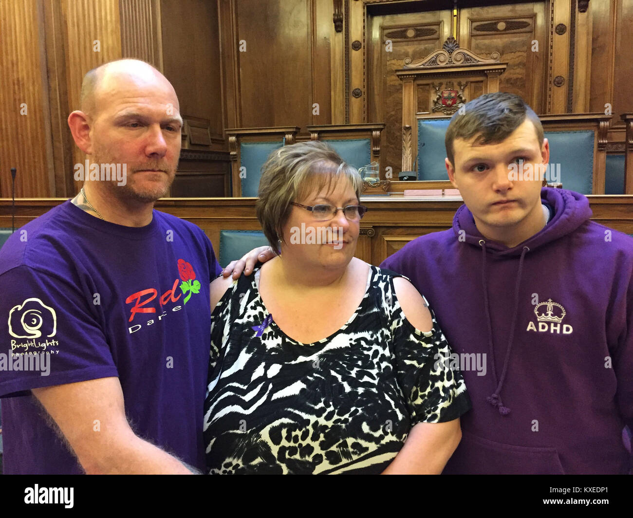 The father, mother and brother of Owen Jenkins, Gary, Nicola and Jordan Jenkins, at Nottinghamshire Coroner's Court where they heard the 12-year-old died in the River Trent at Beeston Weir, near Nottingham after going to help two girls who were in difficulty. Stock Photo