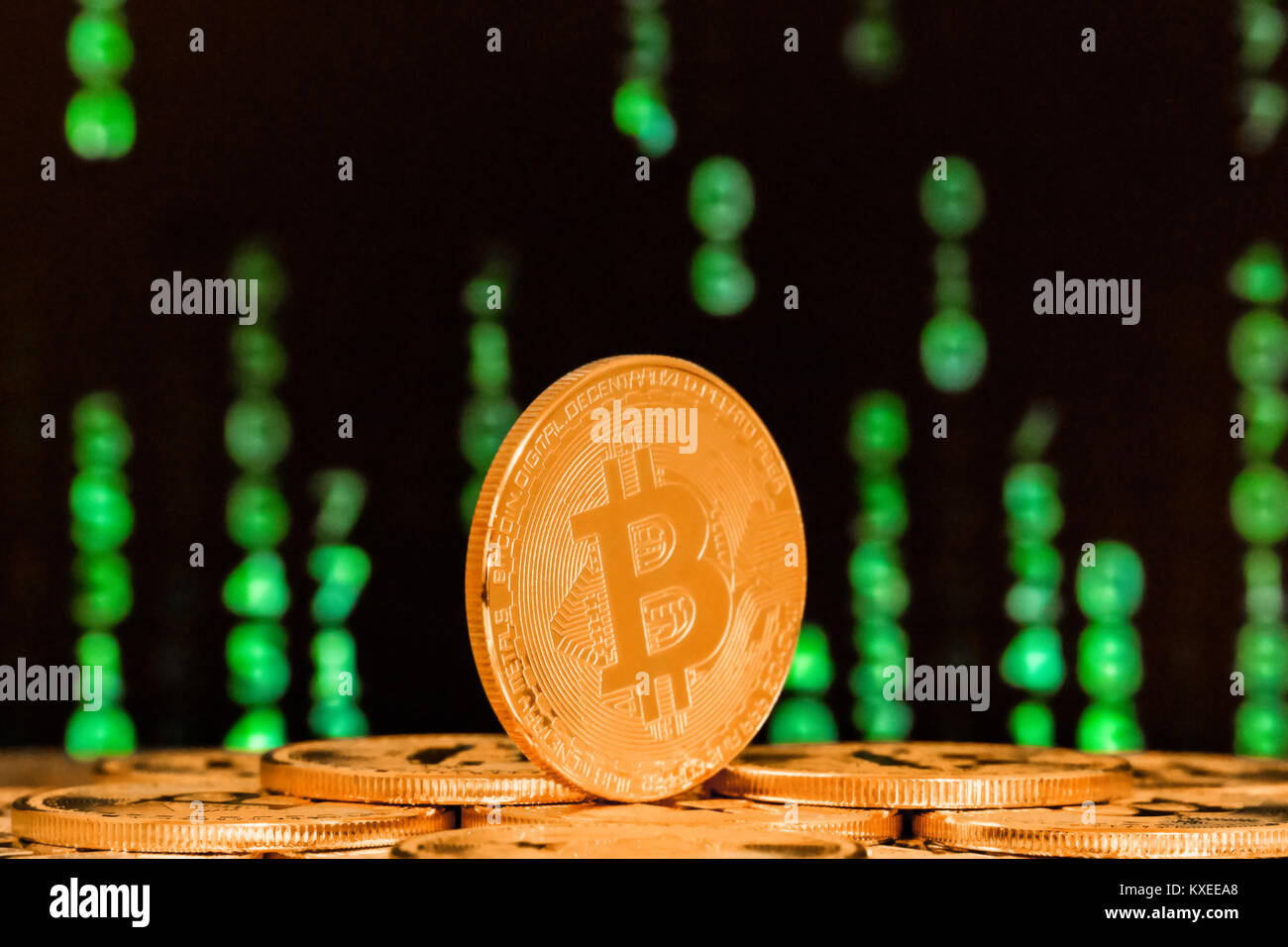 close up of bitcoin with numbers in backgrounds Stock Photo