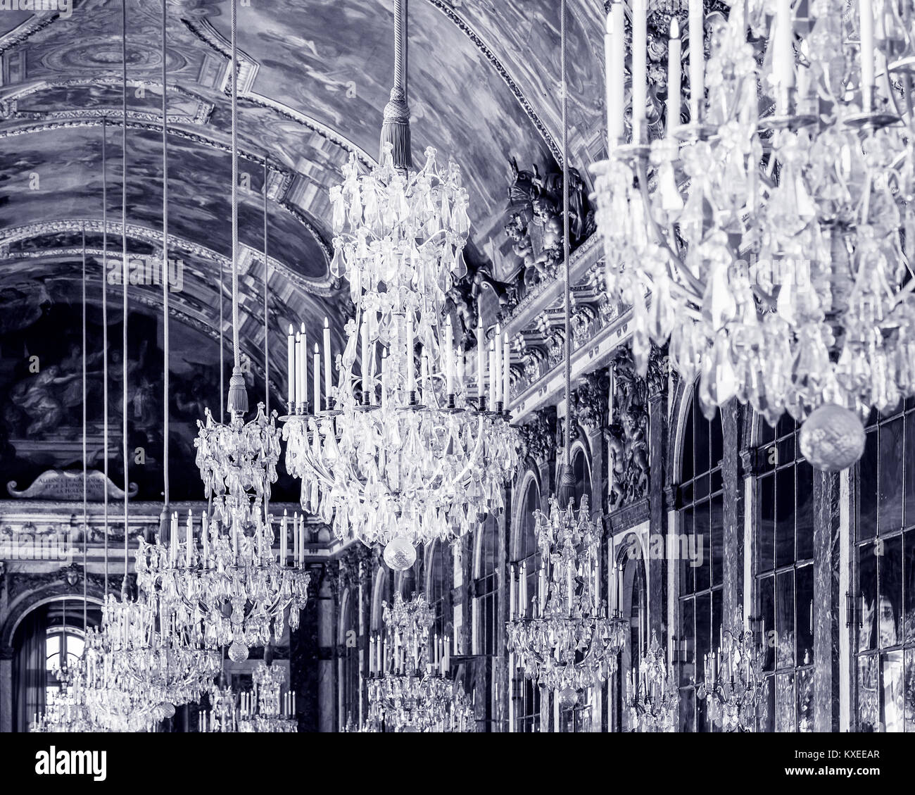 Ceiling and chandeliers (Lustre) in the Hall of Mirrors, Chateau de Versailles, France Stock Photo