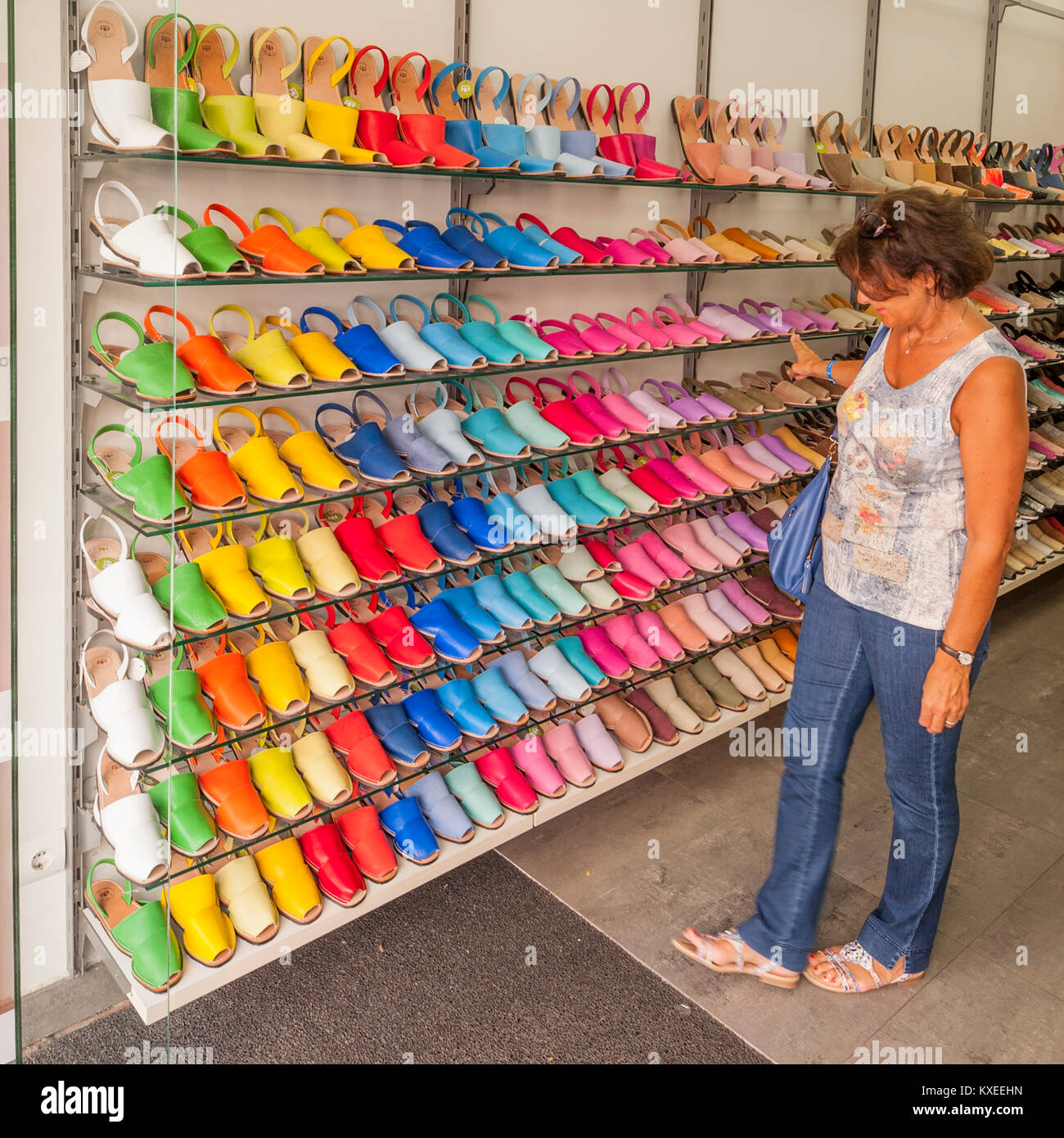 Shoes for sale in Mahon , Menorca , Balearic Islands , Spain Stock Photo