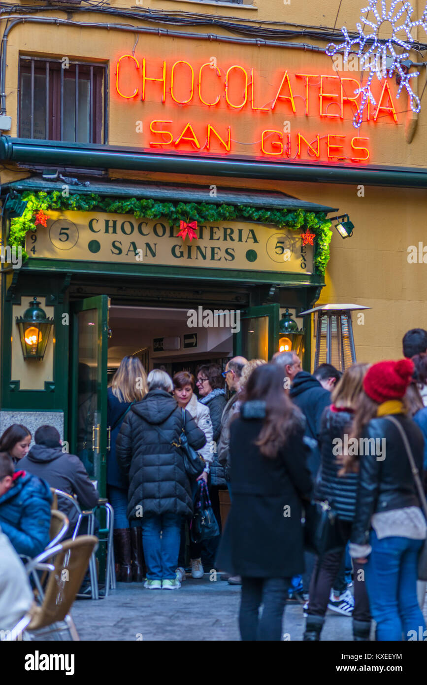 Chocolateria San Gines restaurant famous for Churros with chocolate, in Madrid city centre. Spain. Stock Photo