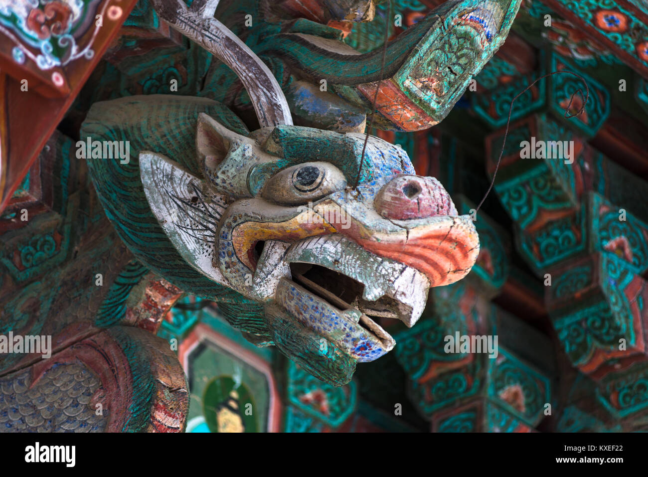 Carved dragon detail at Pulguksa Temple, Kyongju, South Korea. Stock Photo