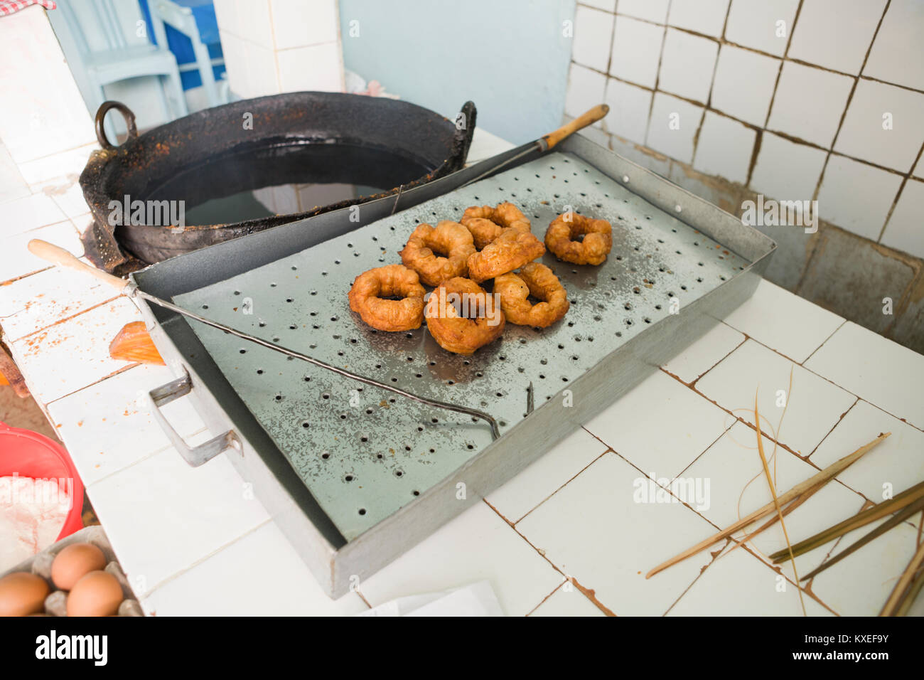 Sfenj or North African doughnut shop, cooked in oil. Chefchaouen, Morocco Stock Photo
