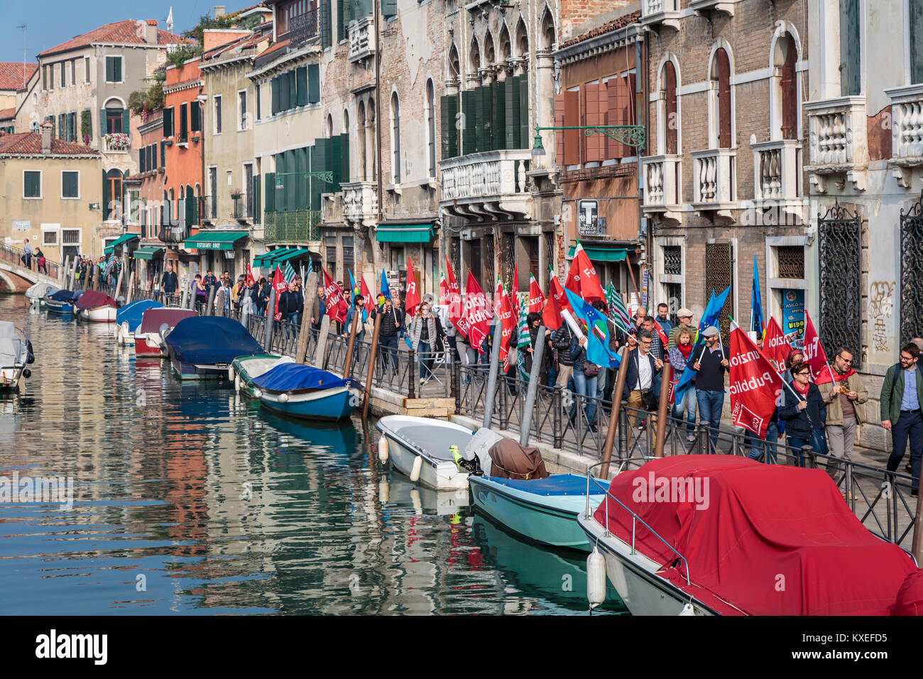 A public demonstration along the Grand Canal in Veneto, Venice, Italy, Europe, Stock Photo