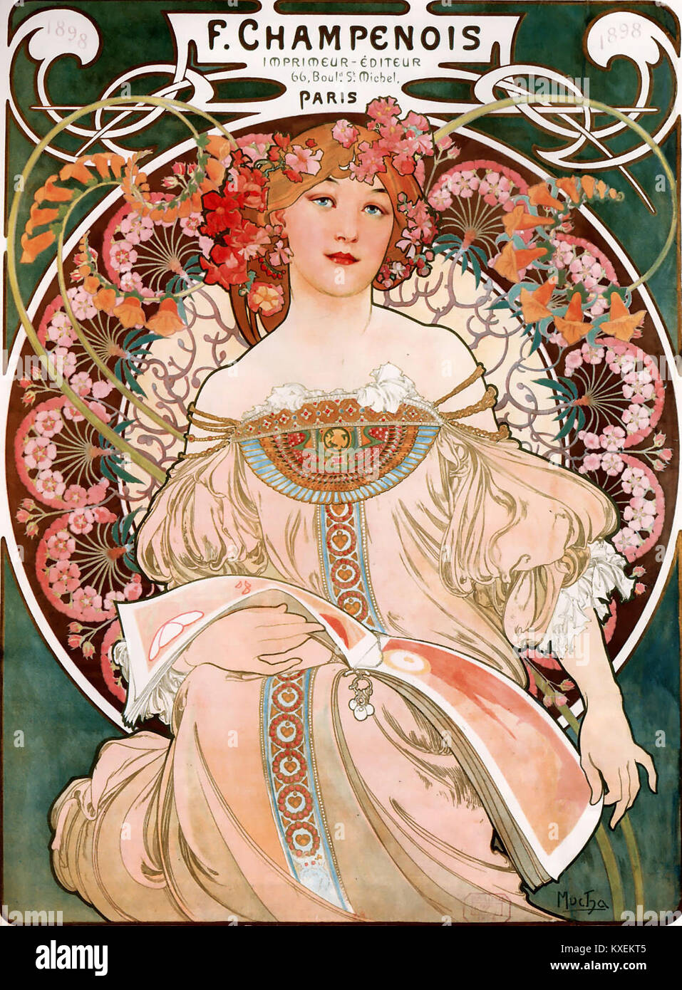 This poster by Alfons Mucha, created for F. Champenois Imprimeur-éditeur, exemplifies his signature Art Nouveau style. The piece reflects Mucha’s ability to blend decorative elements with elegant design and vibrant color. Stock Photo