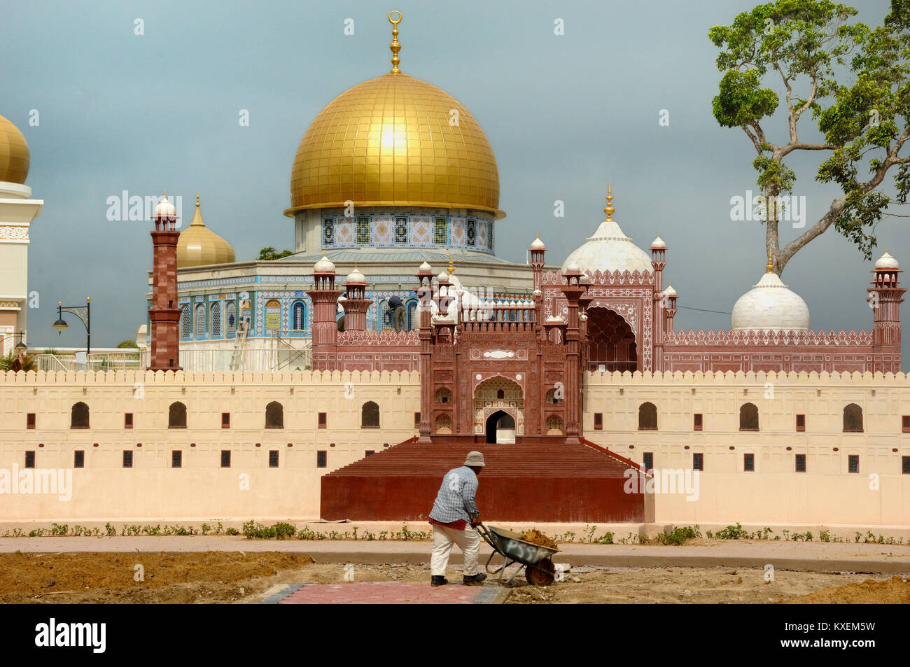Scale Models or Replicas of the Dome of the Rock, Jerusalem & Badshahi Mosque, Lahore, at the Islamic Heritage Theme Park, Kuala Terengganu, Malaysia Stock Photo