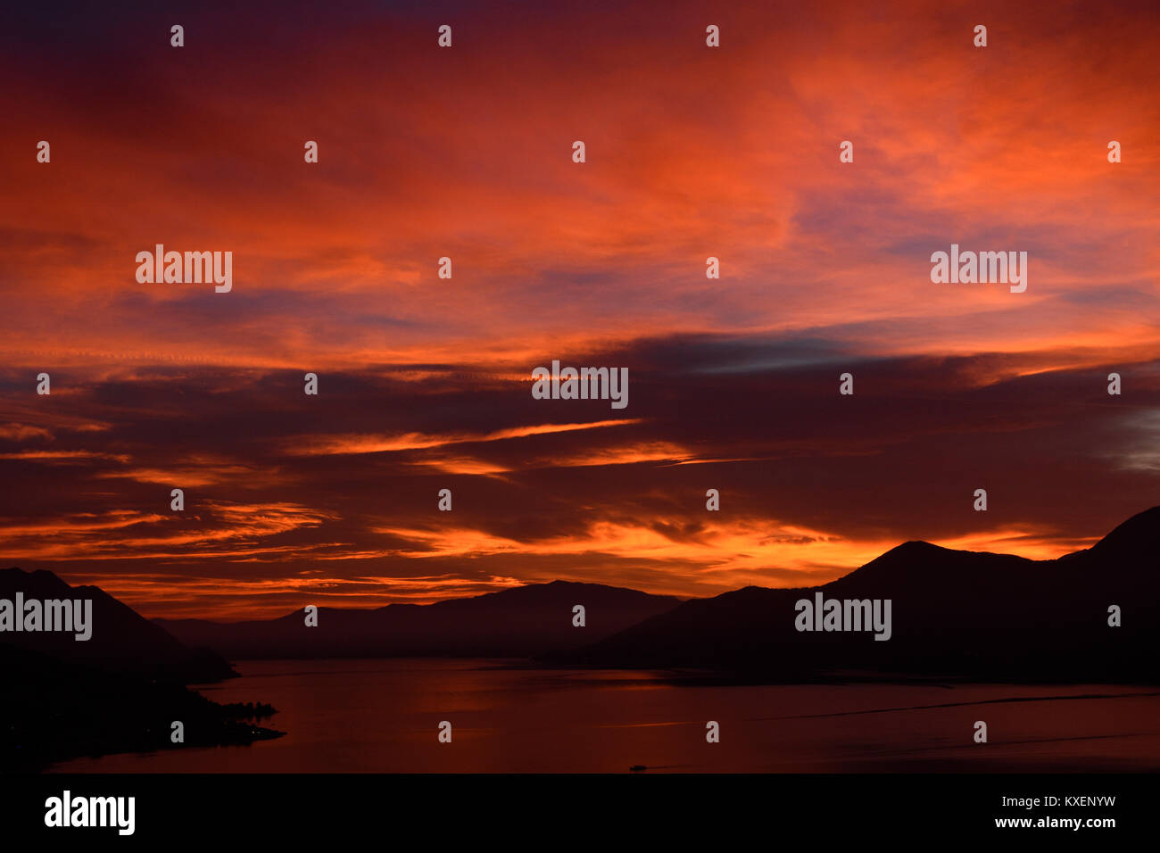 Sunset at Lake Maggiore, near Luino, Lombardy, Italy Stock Photo