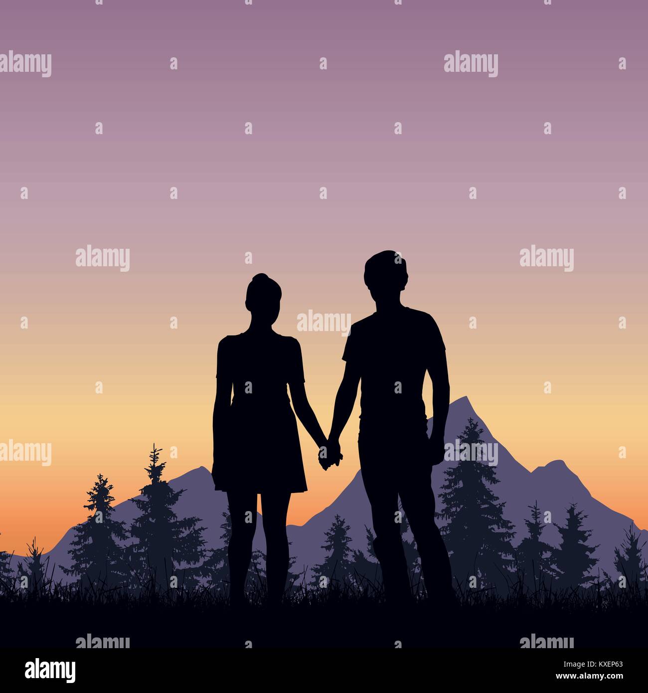 Loving young man and woman on grass at tree and mountains under romantic sky with dawn - vector Stock Vector