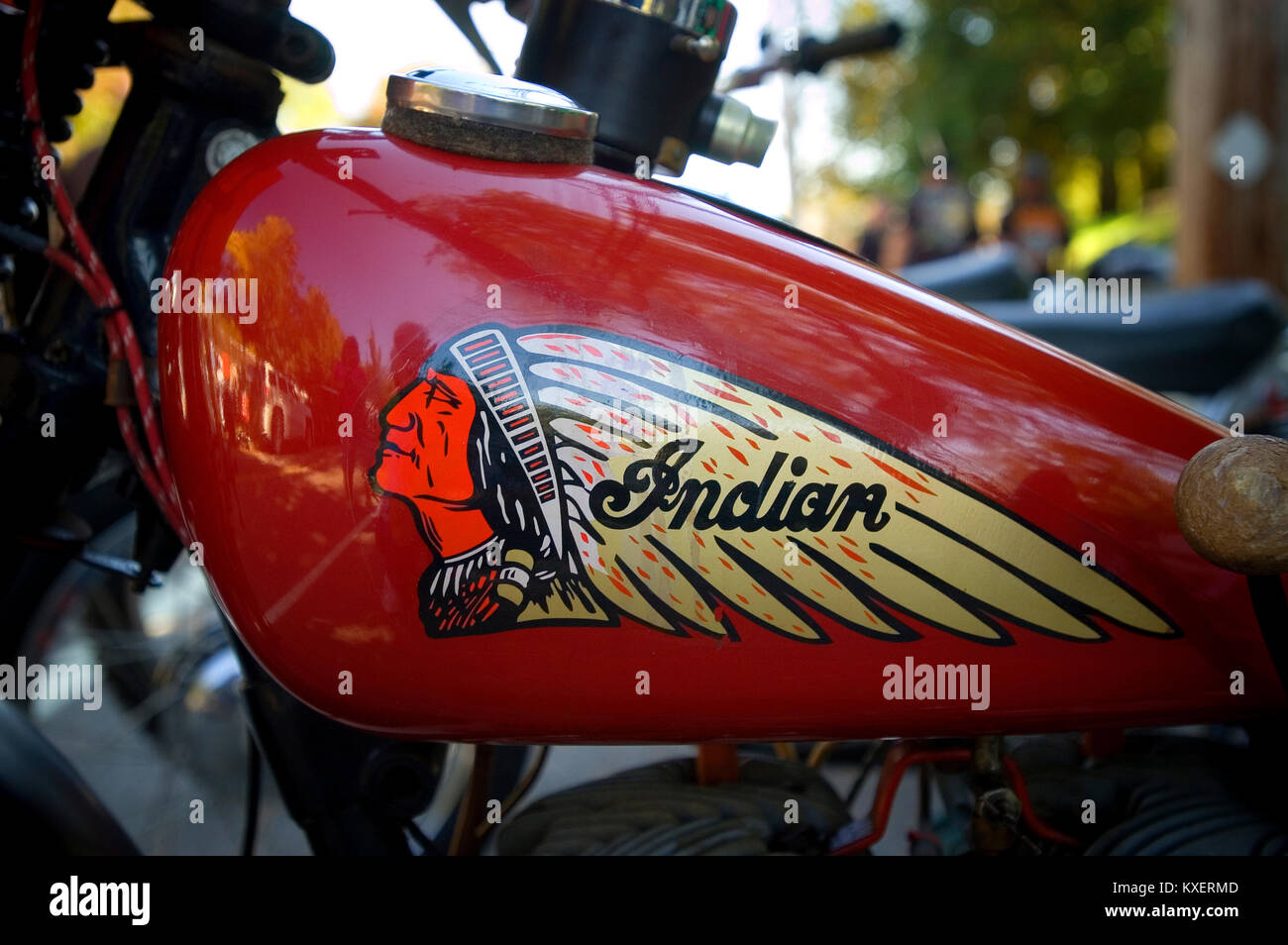 The side (fuel tank) and logo of a 1934 Indian Motorcycle.   Photographed in Barnstable, Massachusetts on Cape Cod, USA Stock Photo