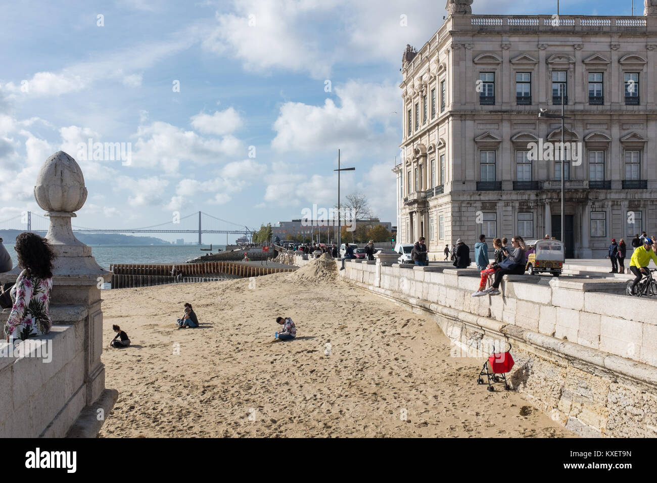 Small sandy beach on River Tagus by Praca do Comercio in Lisbon, Portugal Stock Photo