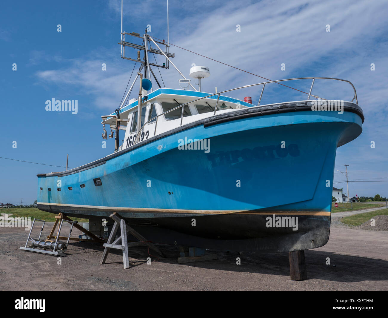 Lobster boat in dry dock, PointeSapin, New Brunswick, Canada Stock