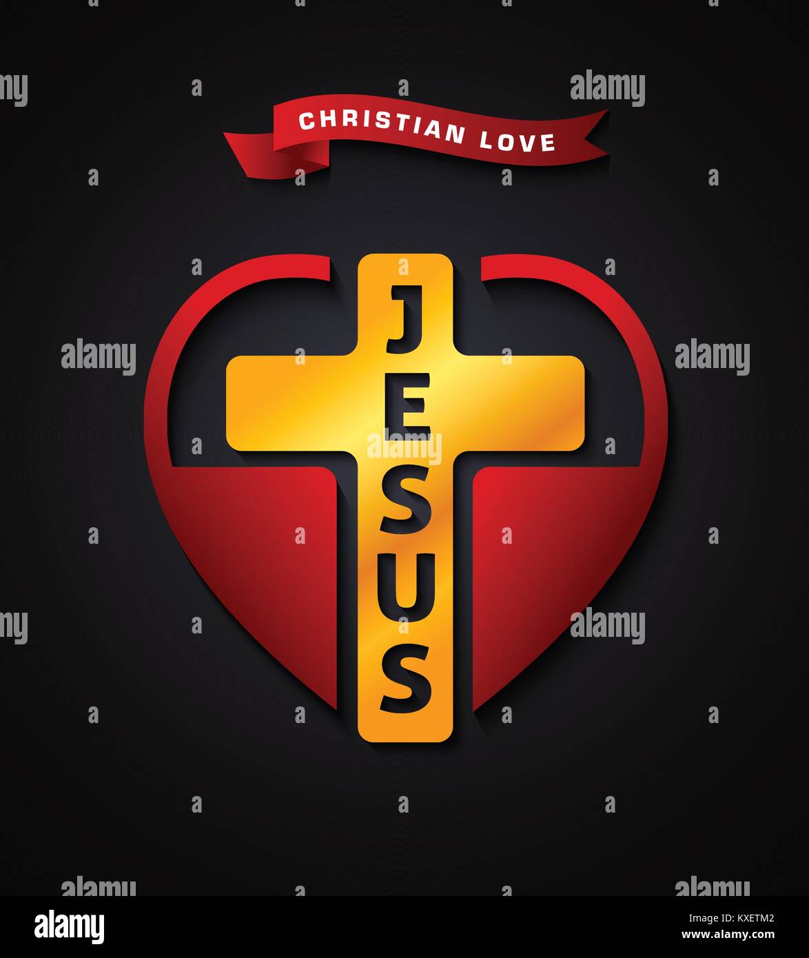 Christian love Jesus, vector creative design symbol. Golden cross with Jesus name inscribed in a red heart, symbolize love for Jesus Christ Stock Vector