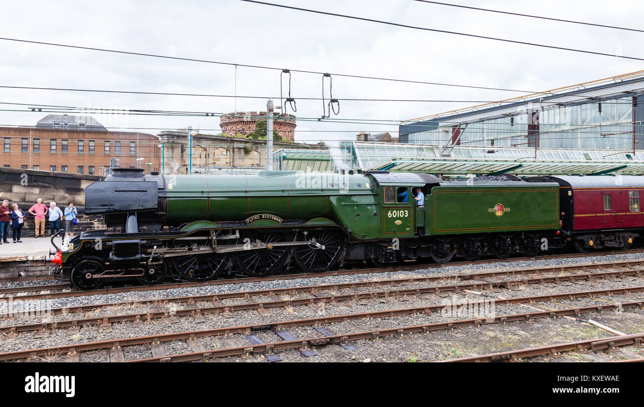 The Flying Scotsman, a preserved steam locomotive, is pictured in Carlisle station.  The Scotsman was the first locomotive in the UK to reach 100mph. Stock Photo