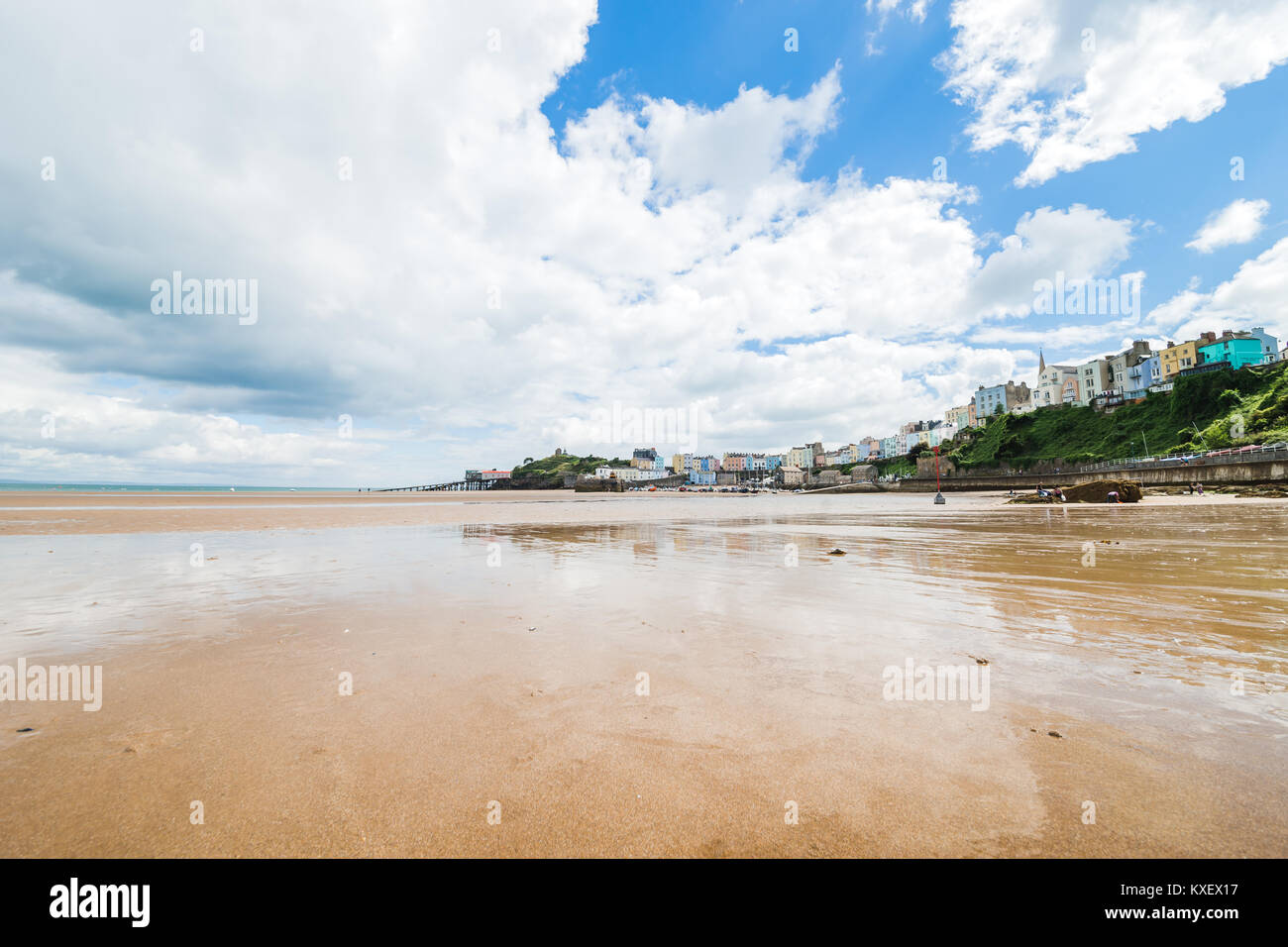 Sandy beach at low tide in Tenby, Wales Stock Photo