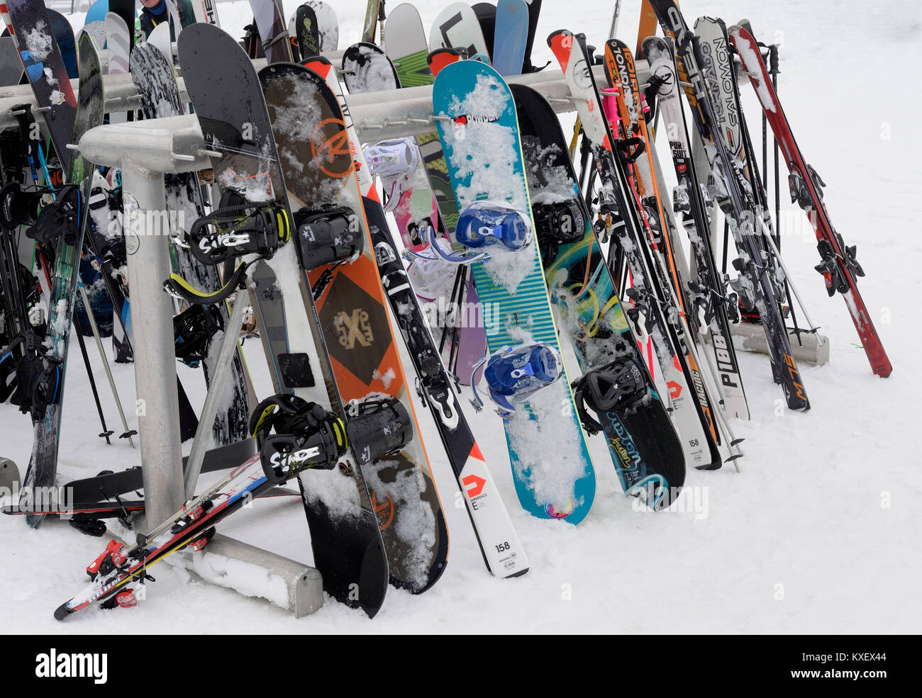 Snowboards and skis at Mt Washington, Vancouver Island, British Columbia, Canada. Stock Photo