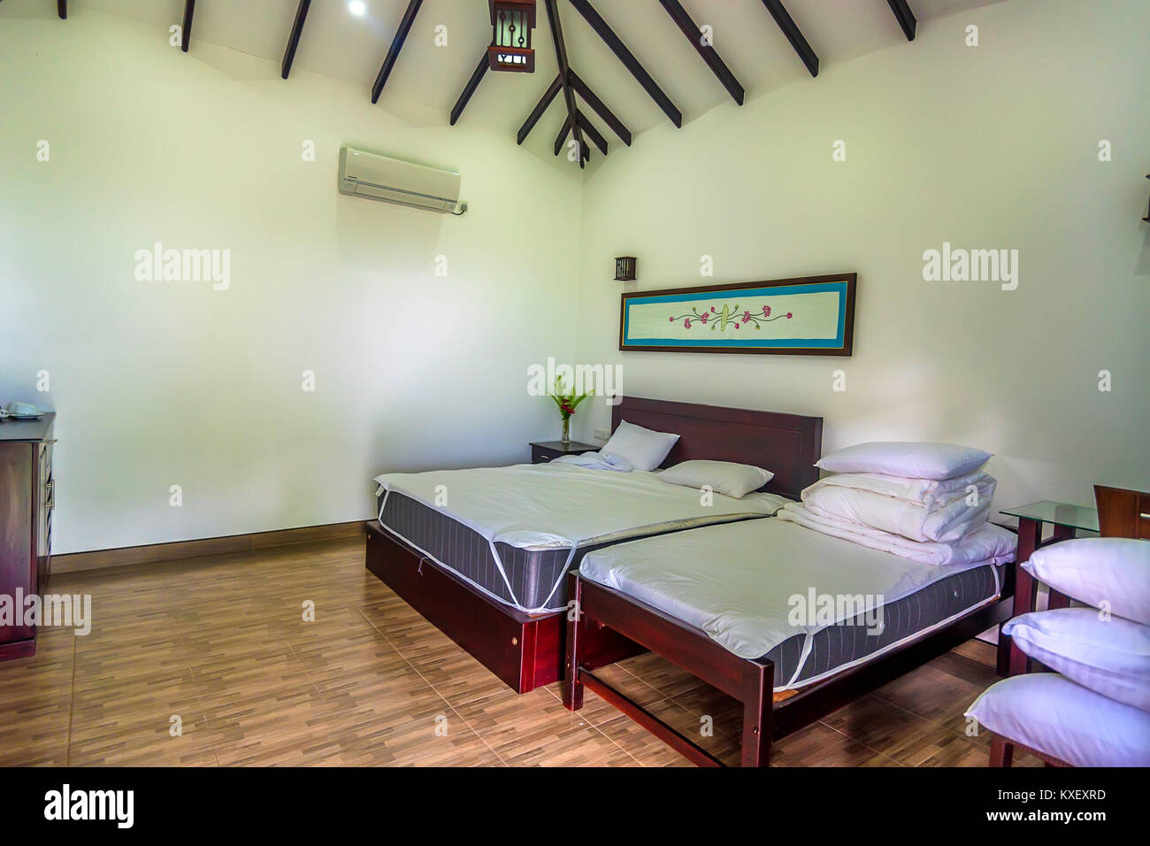 Double bed in a hotel room close up Stock Photo Alamy