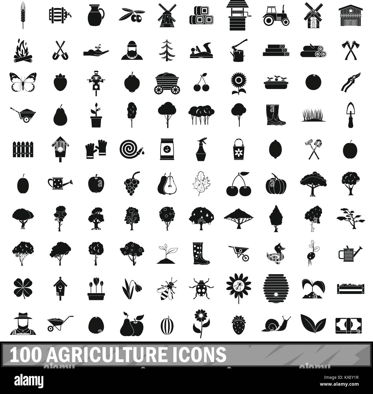 100 agriculture icons set in simple style Stock Vector