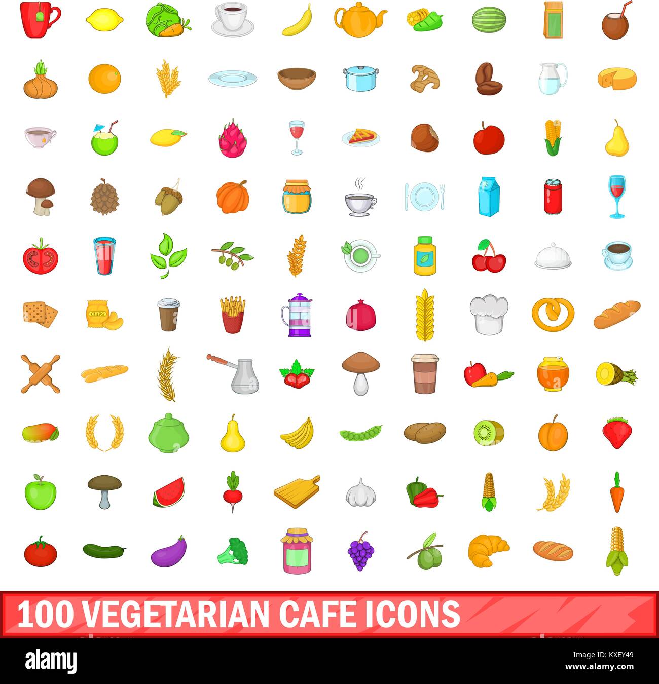 100 vegetarian cafe icons set, cartoon style Stock Vector Image & Art ...