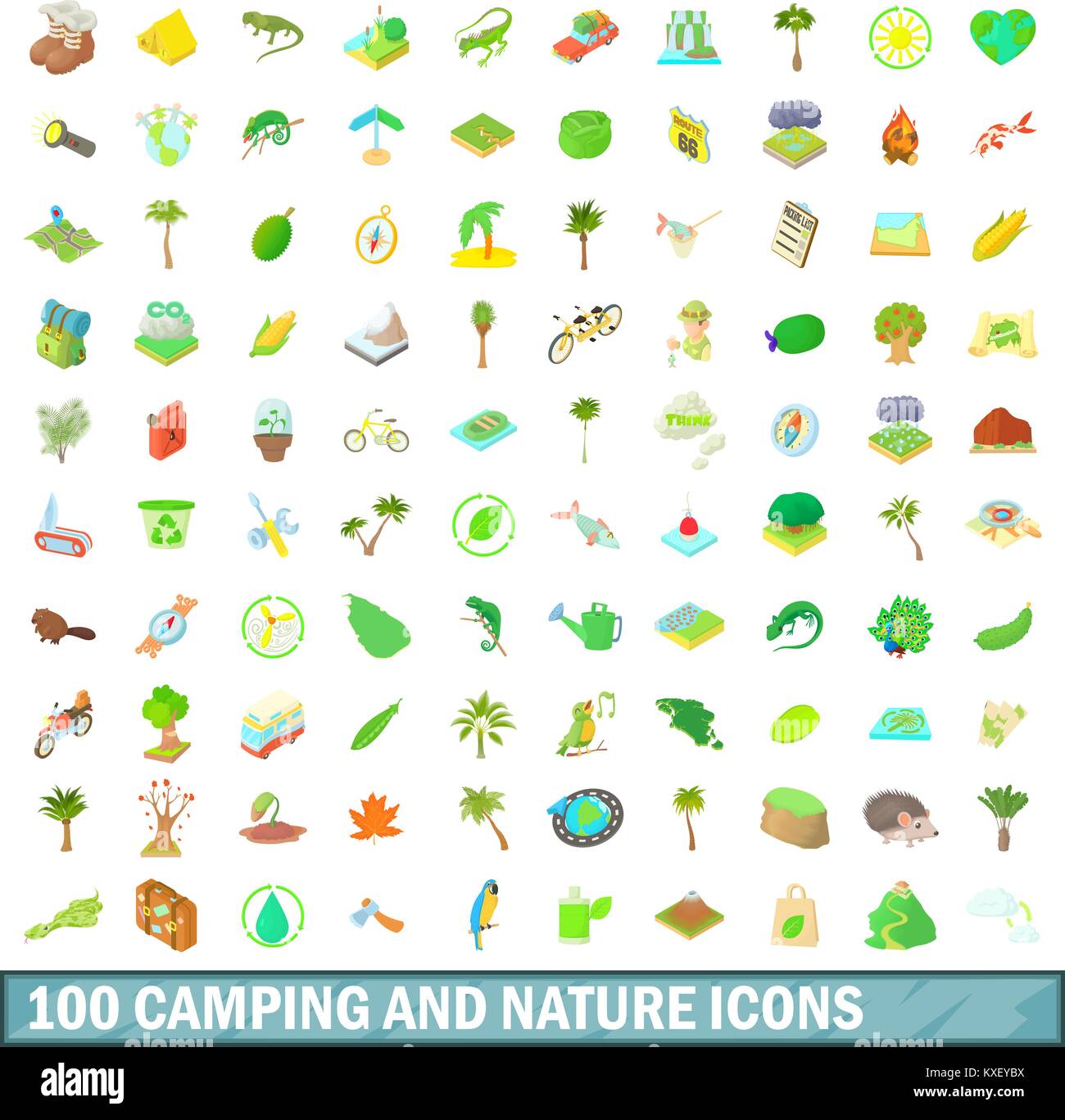 100 camping and nature icons set, cartoon style Stock Vector Image ...