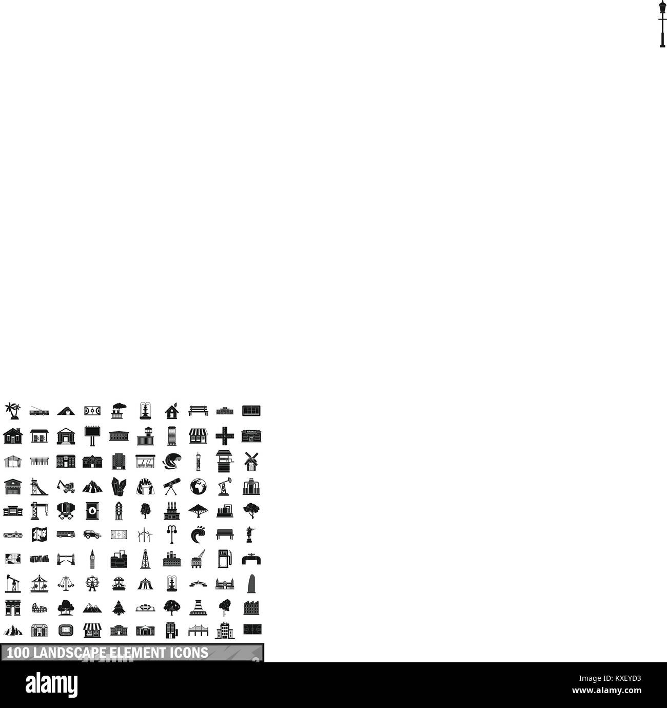 100 landscape element icons set in simple style Stock Vector Image ...