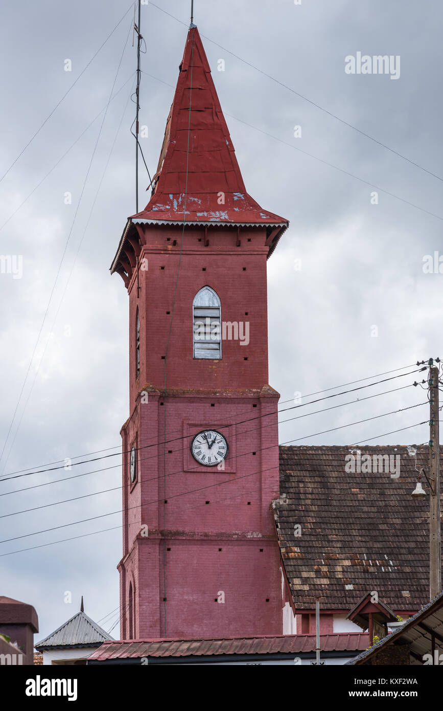 A church clock tower painted in red. Madagascar, Africa Stock Photo Alamy