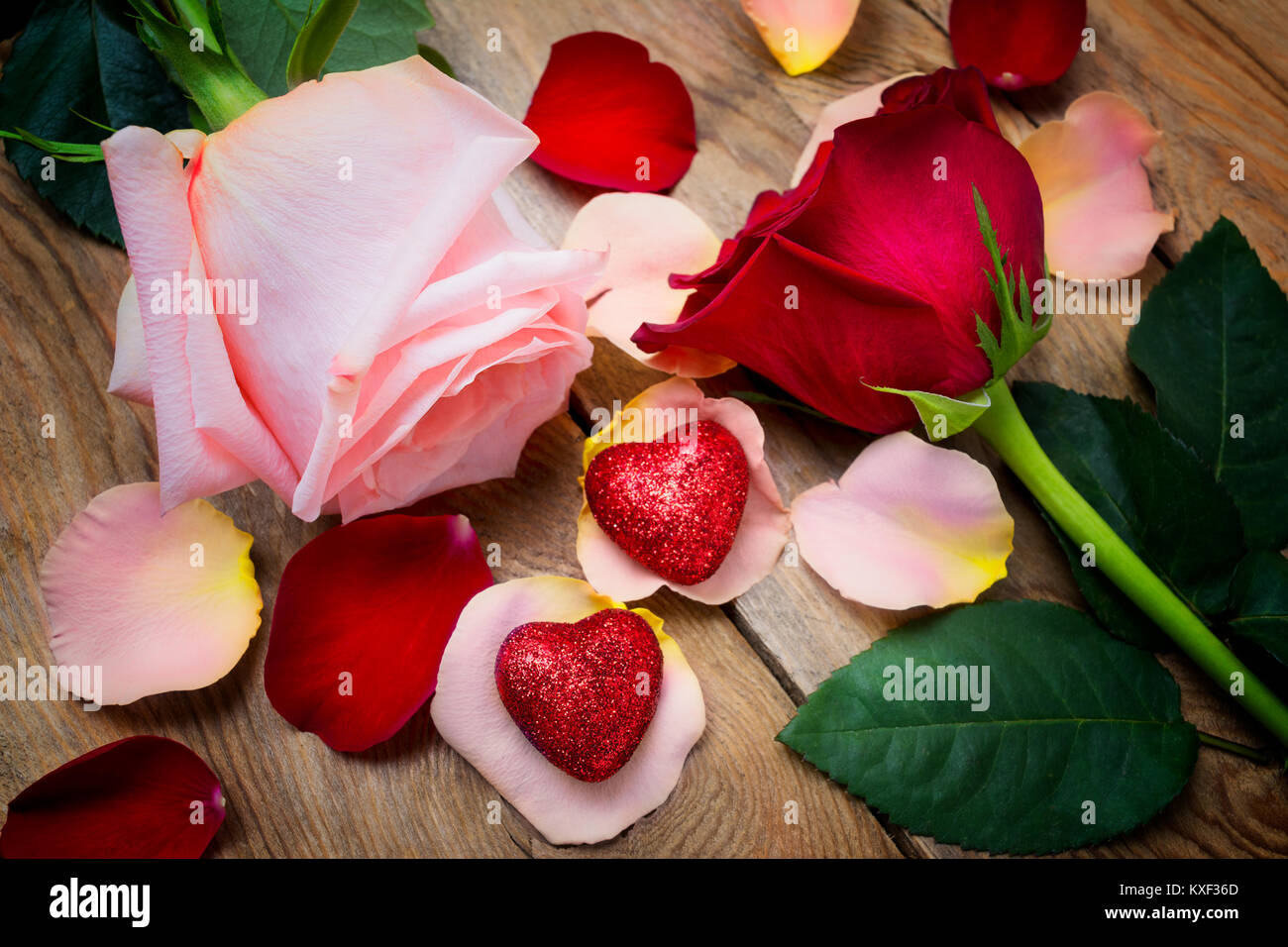 Valentines Day greeting with pink and red roses and two hearts on the ...