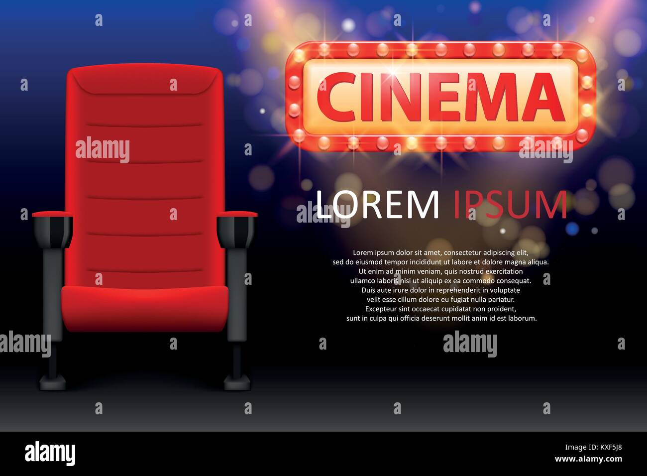 Banner design for the cinema. Realistic red comfortable cinema seats. Movie theater poster with rows and Lights. Vector illustration. Stock Vector